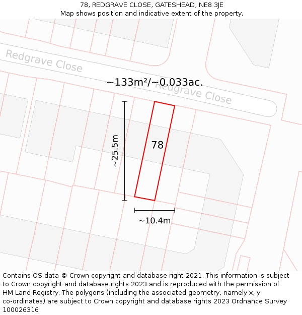 78, REDGRAVE CLOSE, GATESHEAD, NE8 3JE: Plot and title map