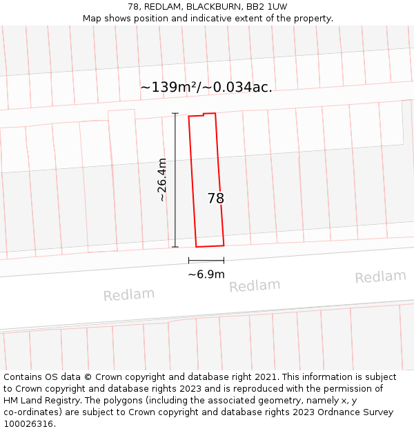 78, REDLAM, BLACKBURN, BB2 1UW: Plot and title map