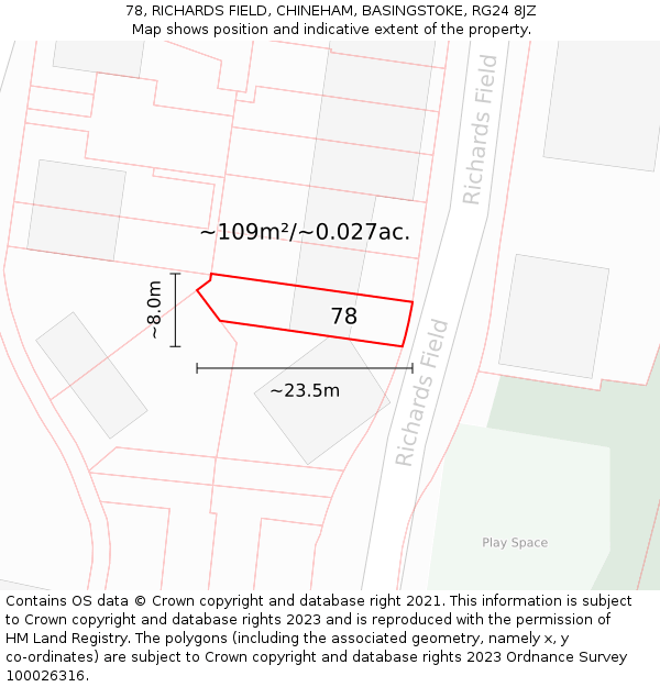 78, RICHARDS FIELD, CHINEHAM, BASINGSTOKE, RG24 8JZ: Plot and title map