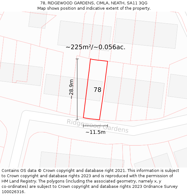 78, RIDGEWOOD GARDENS, CIMLA, NEATH, SA11 3QG: Plot and title map