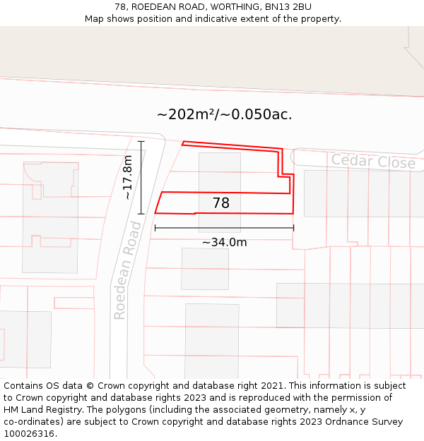78, ROEDEAN ROAD, WORTHING, BN13 2BU: Plot and title map