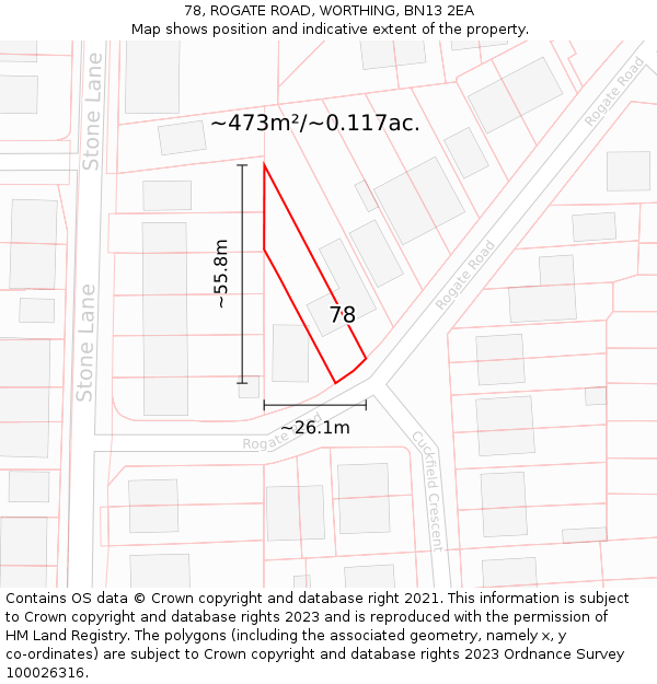 78, ROGATE ROAD, WORTHING, BN13 2EA: Plot and title map