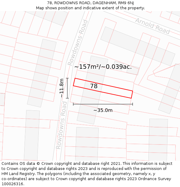 78, ROWDOWNS ROAD, DAGENHAM, RM9 6NJ: Plot and title map