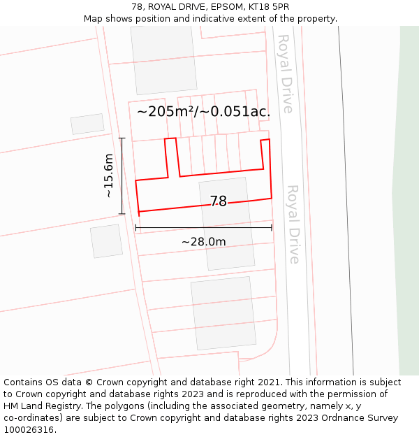 78, ROYAL DRIVE, EPSOM, KT18 5PR: Plot and title map
