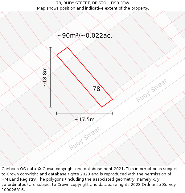 78, RUBY STREET, BRISTOL, BS3 3DW: Plot and title map