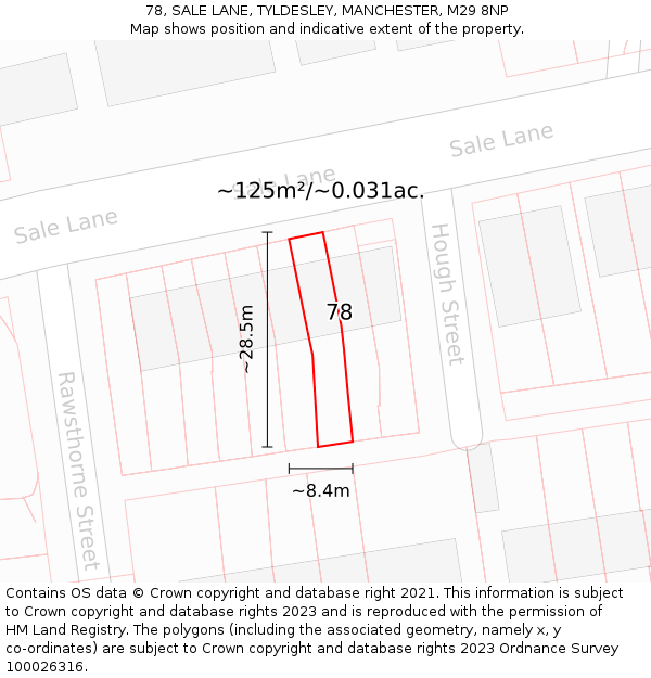 78, SALE LANE, TYLDESLEY, MANCHESTER, M29 8NP: Plot and title map