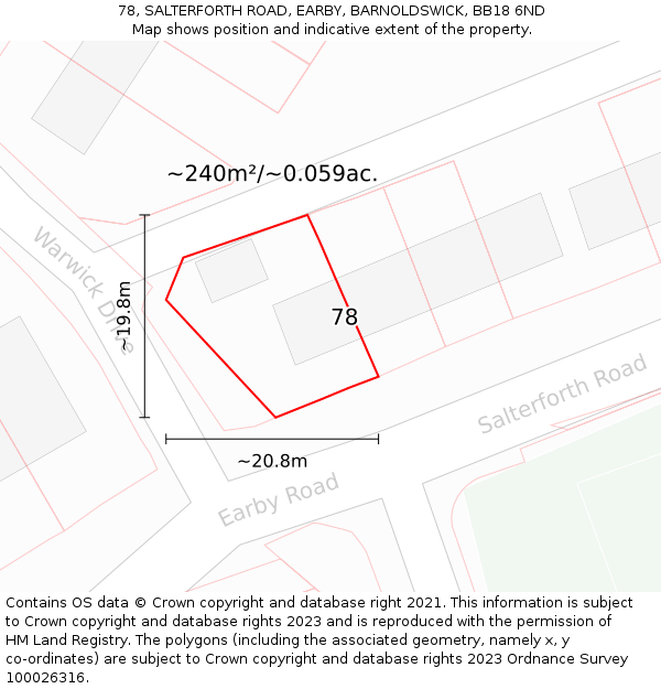 78, SALTERFORTH ROAD, EARBY, BARNOLDSWICK, BB18 6ND: Plot and title map