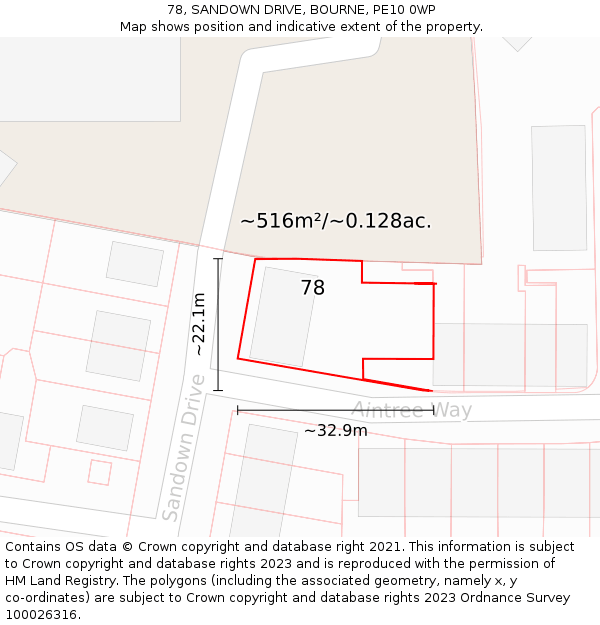 78, SANDOWN DRIVE, BOURNE, PE10 0WP: Plot and title map