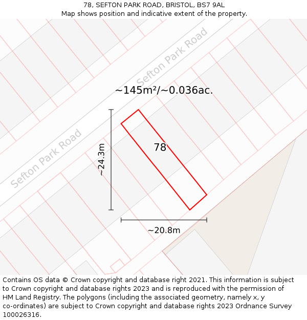 78, SEFTON PARK ROAD, BRISTOL, BS7 9AL: Plot and title map