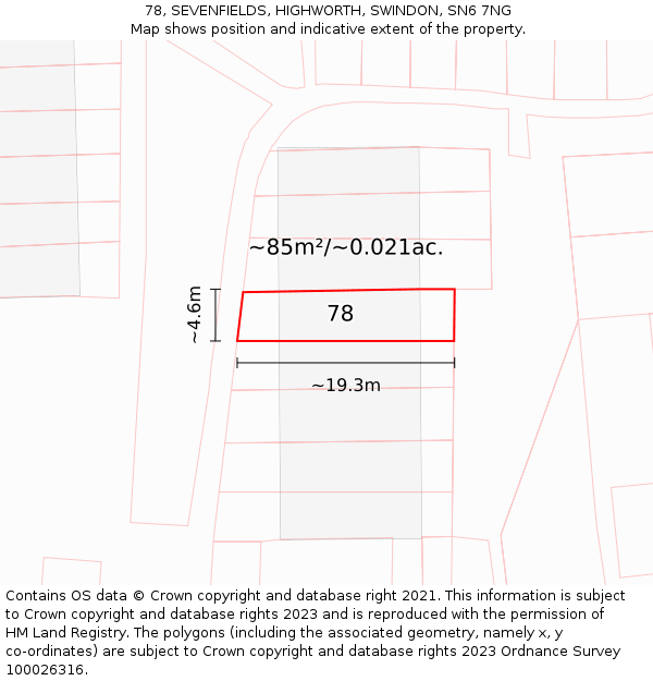 78, SEVENFIELDS, HIGHWORTH, SWINDON, SN6 7NG: Plot and title map