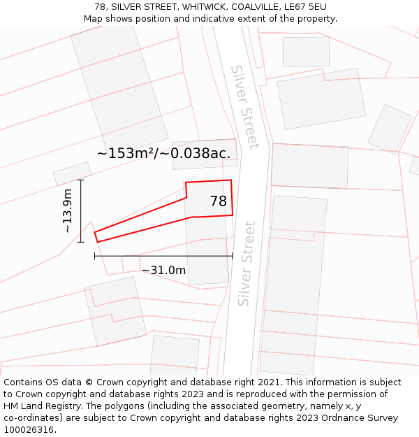 78, SILVER STREET, WHITWICK, COALVILLE, LE67 5EU: Plot and title map