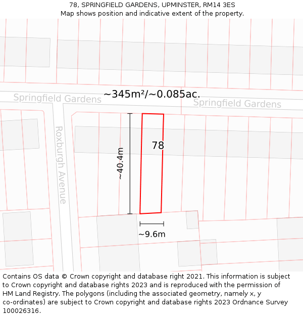 78, SPRINGFIELD GARDENS, UPMINSTER, RM14 3ES: Plot and title map