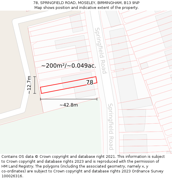 78, SPRINGFIELD ROAD, MOSELEY, BIRMINGHAM, B13 9NP: Plot and title map