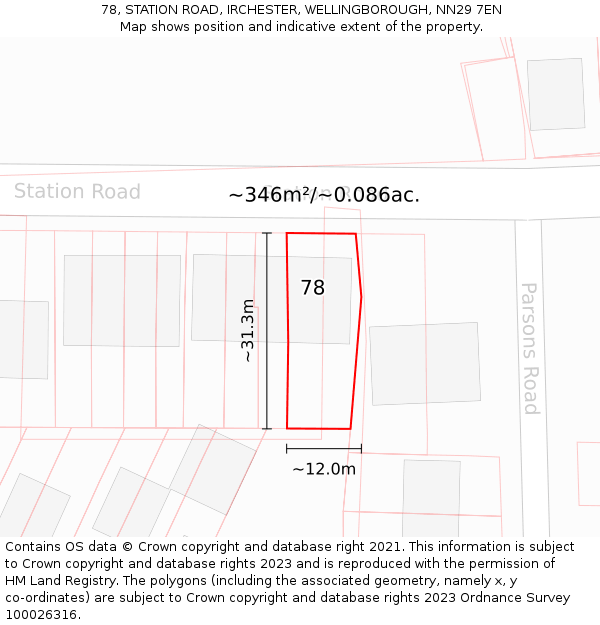 78, STATION ROAD, IRCHESTER, WELLINGBOROUGH, NN29 7EN: Plot and title map