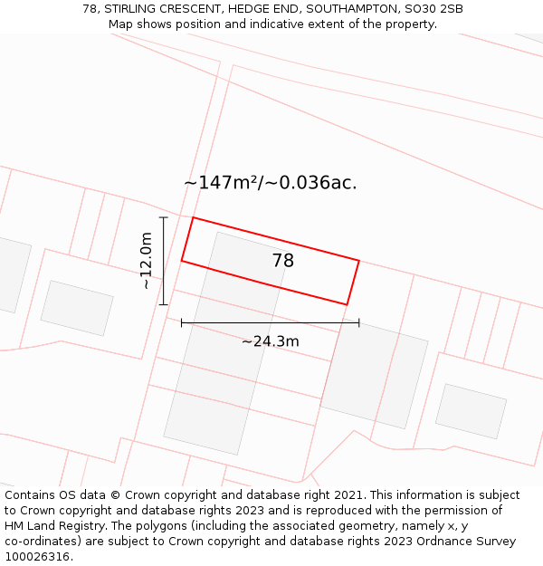 78, STIRLING CRESCENT, HEDGE END, SOUTHAMPTON, SO30 2SB: Plot and title map