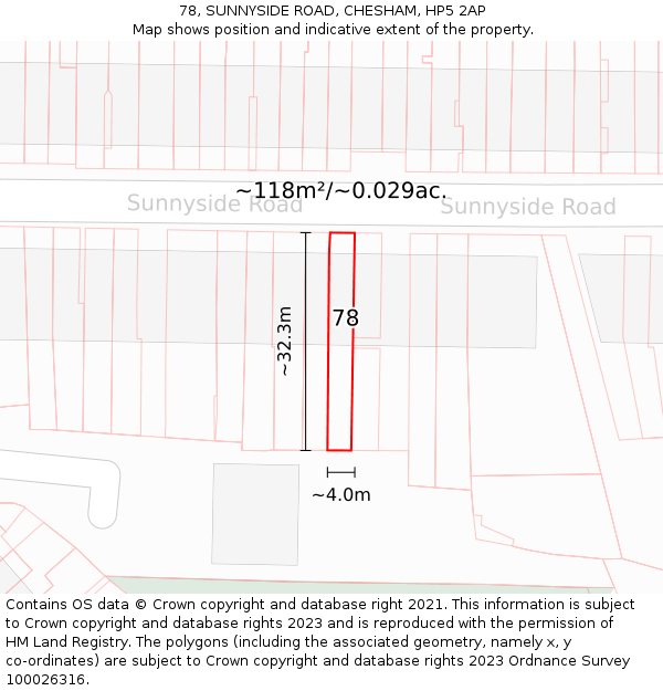 78, SUNNYSIDE ROAD, CHESHAM, HP5 2AP: Plot and title map