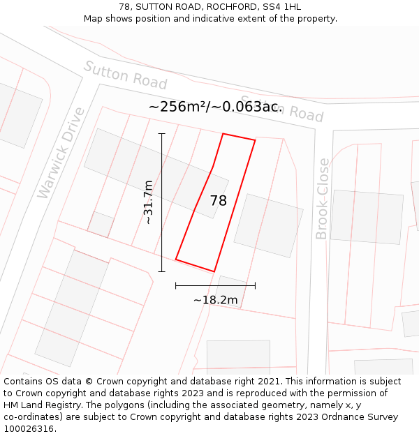 78, SUTTON ROAD, ROCHFORD, SS4 1HL: Plot and title map