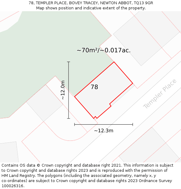 78, TEMPLER PLACE, BOVEY TRACEY, NEWTON ABBOT, TQ13 9GR: Plot and title map