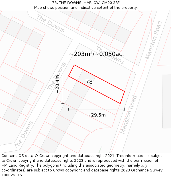 78, THE DOWNS, HARLOW, CM20 3RF: Plot and title map