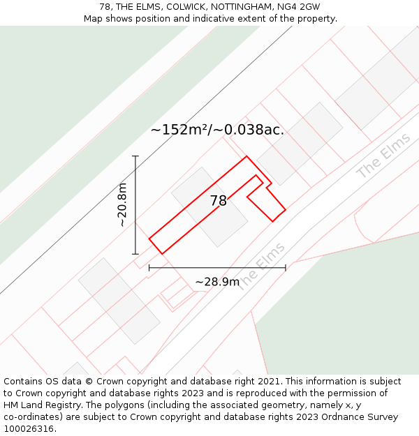 78, THE ELMS, COLWICK, NOTTINGHAM, NG4 2GW: Plot and title map