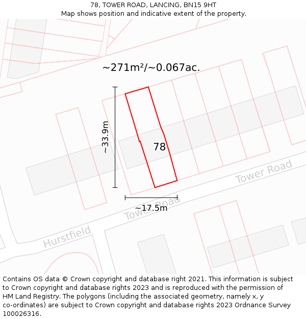 78, TOWER ROAD, LANCING, BN15 9HT: Plot and title map