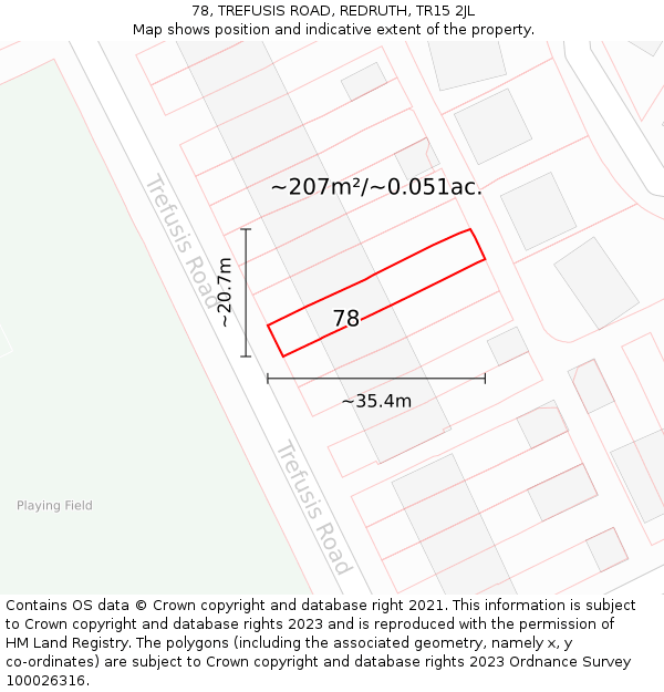 78, TREFUSIS ROAD, REDRUTH, TR15 2JL: Plot and title map