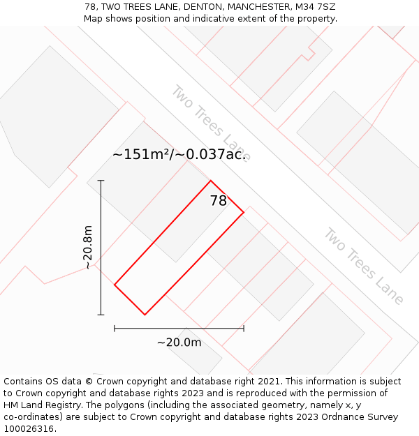 78, TWO TREES LANE, DENTON, MANCHESTER, M34 7SZ: Plot and title map