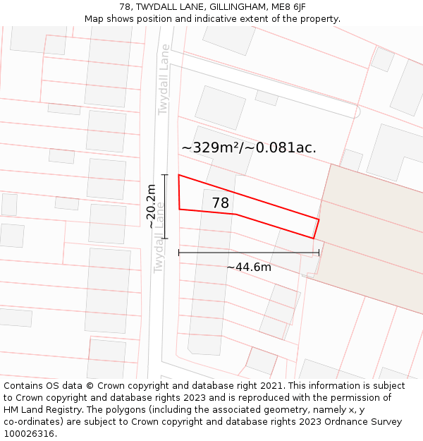 78, TWYDALL LANE, GILLINGHAM, ME8 6JF: Plot and title map