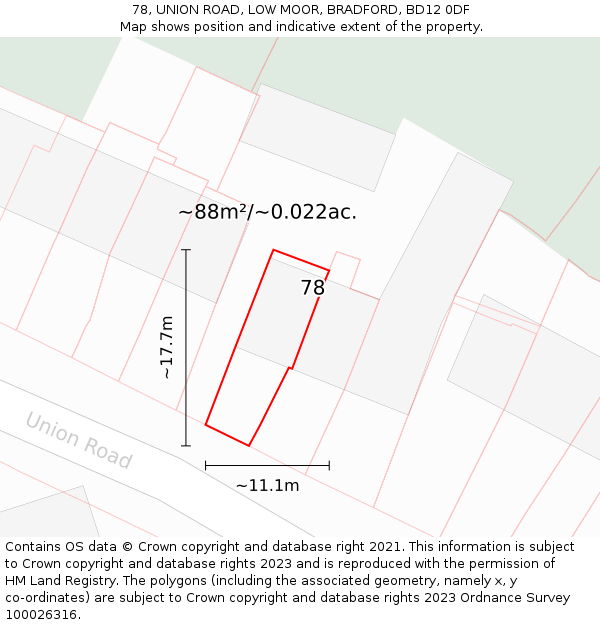 78, UNION ROAD, LOW MOOR, BRADFORD, BD12 0DF: Plot and title map
