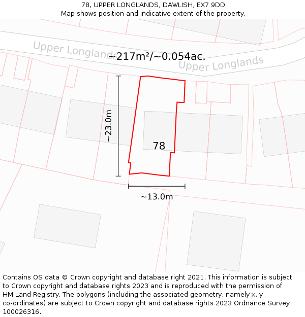 78, UPPER LONGLANDS, DAWLISH, EX7 9DD: Plot and title map