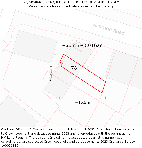 78, VICARAGE ROAD, PITSTONE, LEIGHTON BUZZARD, LU7 9EY: Plot and title map