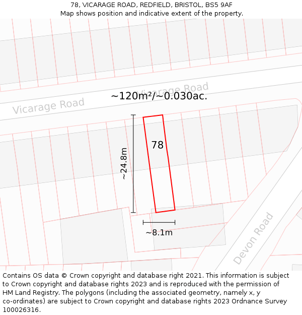 78, VICARAGE ROAD, REDFIELD, BRISTOL, BS5 9AF: Plot and title map