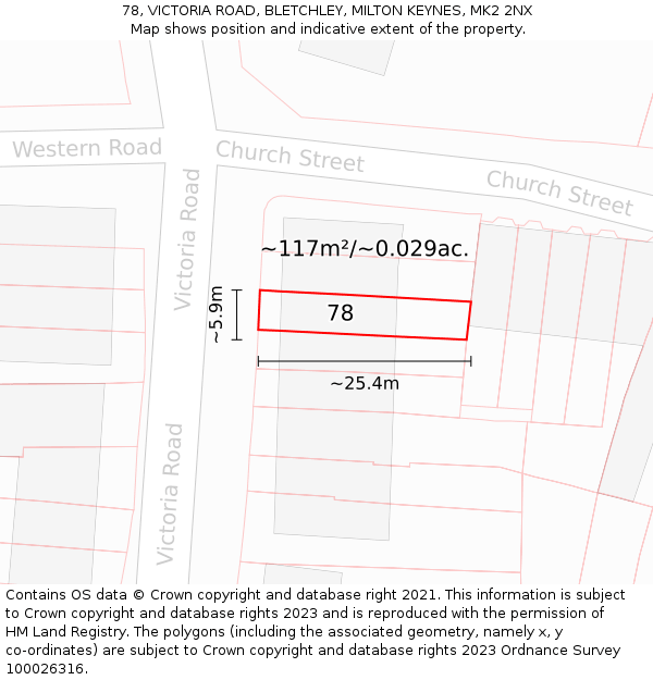 78, VICTORIA ROAD, BLETCHLEY, MILTON KEYNES, MK2 2NX: Plot and title map
