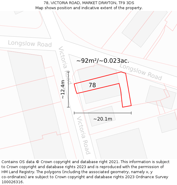 78, VICTORIA ROAD, MARKET DRAYTON, TF9 3DS: Plot and title map