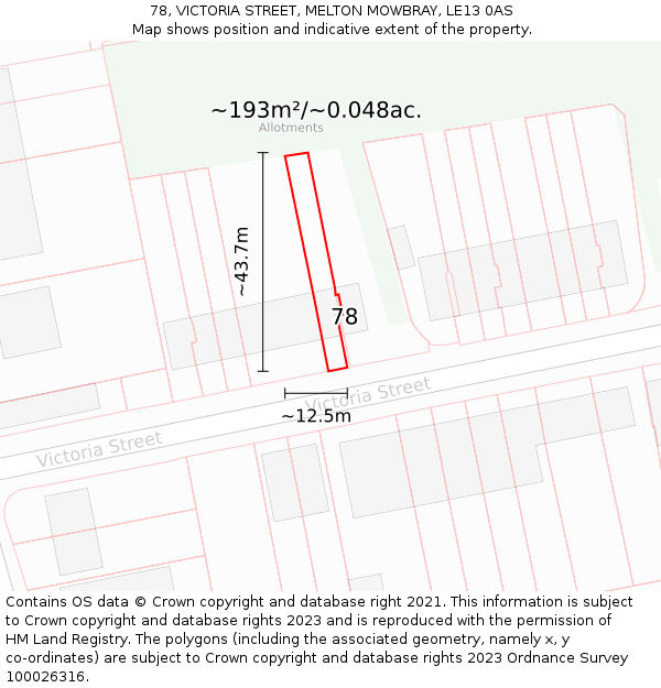 78, VICTORIA STREET, MELTON MOWBRAY, LE13 0AS: Plot and title map