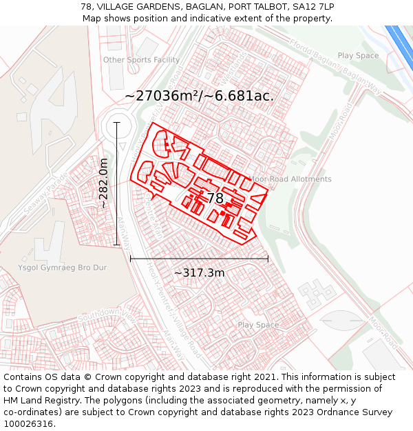 78, VILLAGE GARDENS, BAGLAN, PORT TALBOT, SA12 7LP: Plot and title map