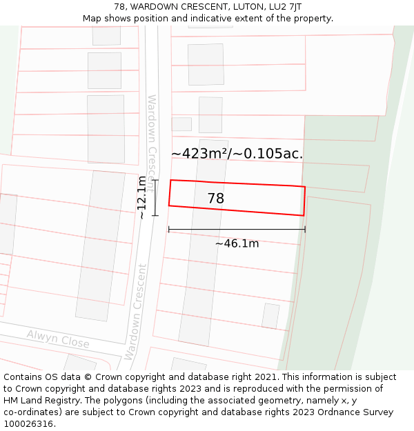 78, WARDOWN CRESCENT, LUTON, LU2 7JT: Plot and title map