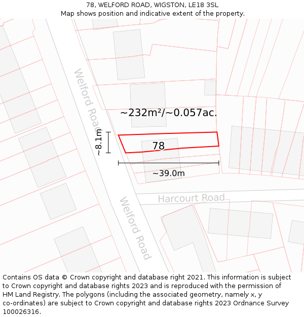 78, WELFORD ROAD, WIGSTON, LE18 3SL: Plot and title map