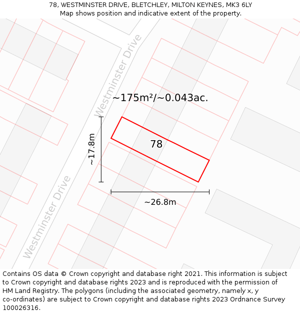 78, WESTMINSTER DRIVE, BLETCHLEY, MILTON KEYNES, MK3 6LY: Plot and title map