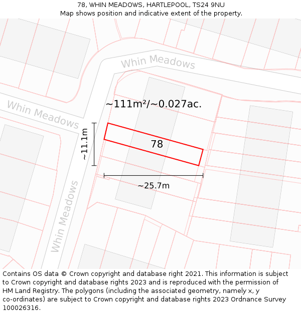 78, WHIN MEADOWS, HARTLEPOOL, TS24 9NU: Plot and title map
