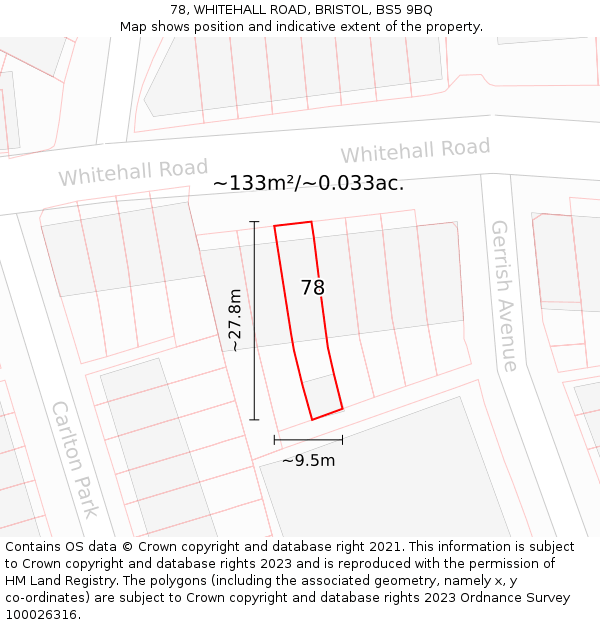 78, WHITEHALL ROAD, BRISTOL, BS5 9BQ: Plot and title map
