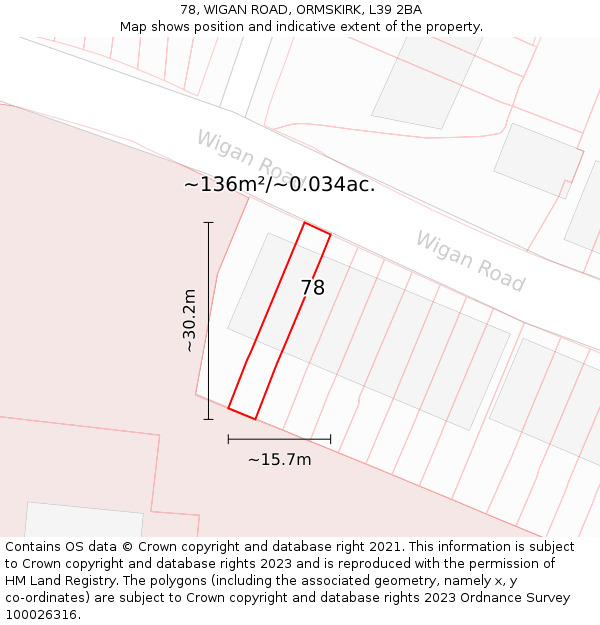 78, WIGAN ROAD, ORMSKIRK, L39 2BA: Plot and title map