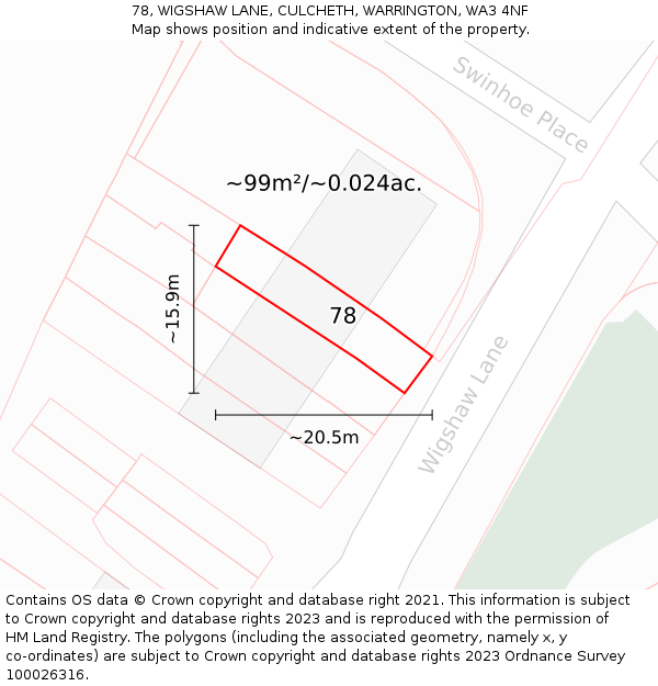 78, WIGSHAW LANE, CULCHETH, WARRINGTON, WA3 4NF: Plot and title map