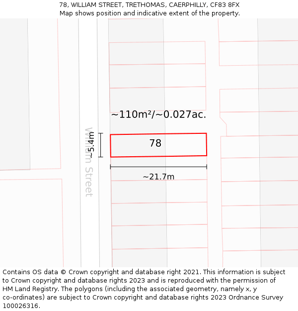 78, WILLIAM STREET, TRETHOMAS, CAERPHILLY, CF83 8FX: Plot and title map