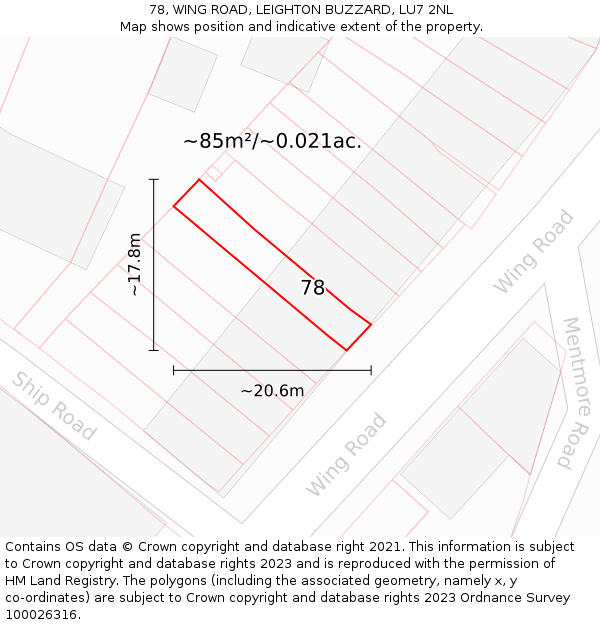 78, WING ROAD, LEIGHTON BUZZARD, LU7 2NL: Plot and title map