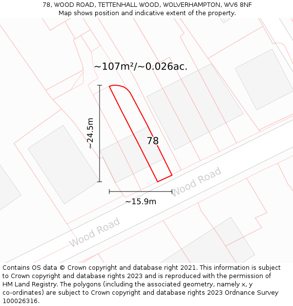 78, WOOD ROAD, TETTENHALL WOOD, WOLVERHAMPTON, WV6 8NF: Plot and title map