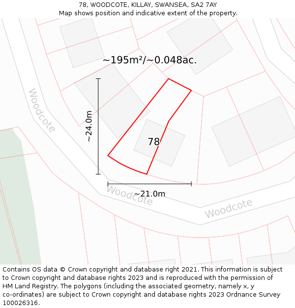 78, WOODCOTE, KILLAY, SWANSEA, SA2 7AY: Plot and title map