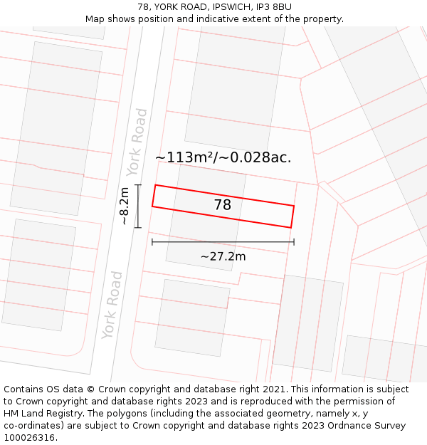 78, YORK ROAD, IPSWICH, IP3 8BU: Plot and title map