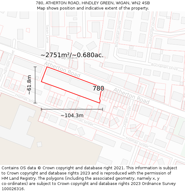 780, ATHERTON ROAD, HINDLEY GREEN, WIGAN, WN2 4SB: Plot and title map