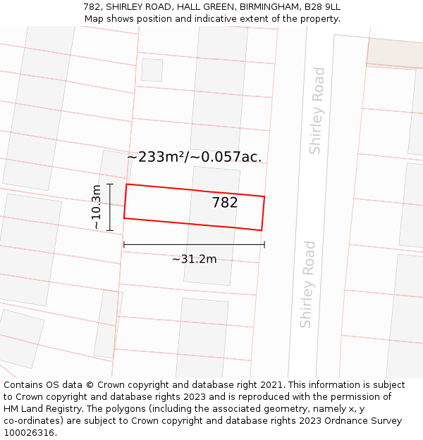 782, SHIRLEY ROAD, HALL GREEN, BIRMINGHAM, B28 9LL: Plot and title map